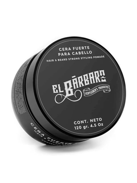 Black circular container of El Barberya hair and beard styling pomade, 120g, with white label and branding